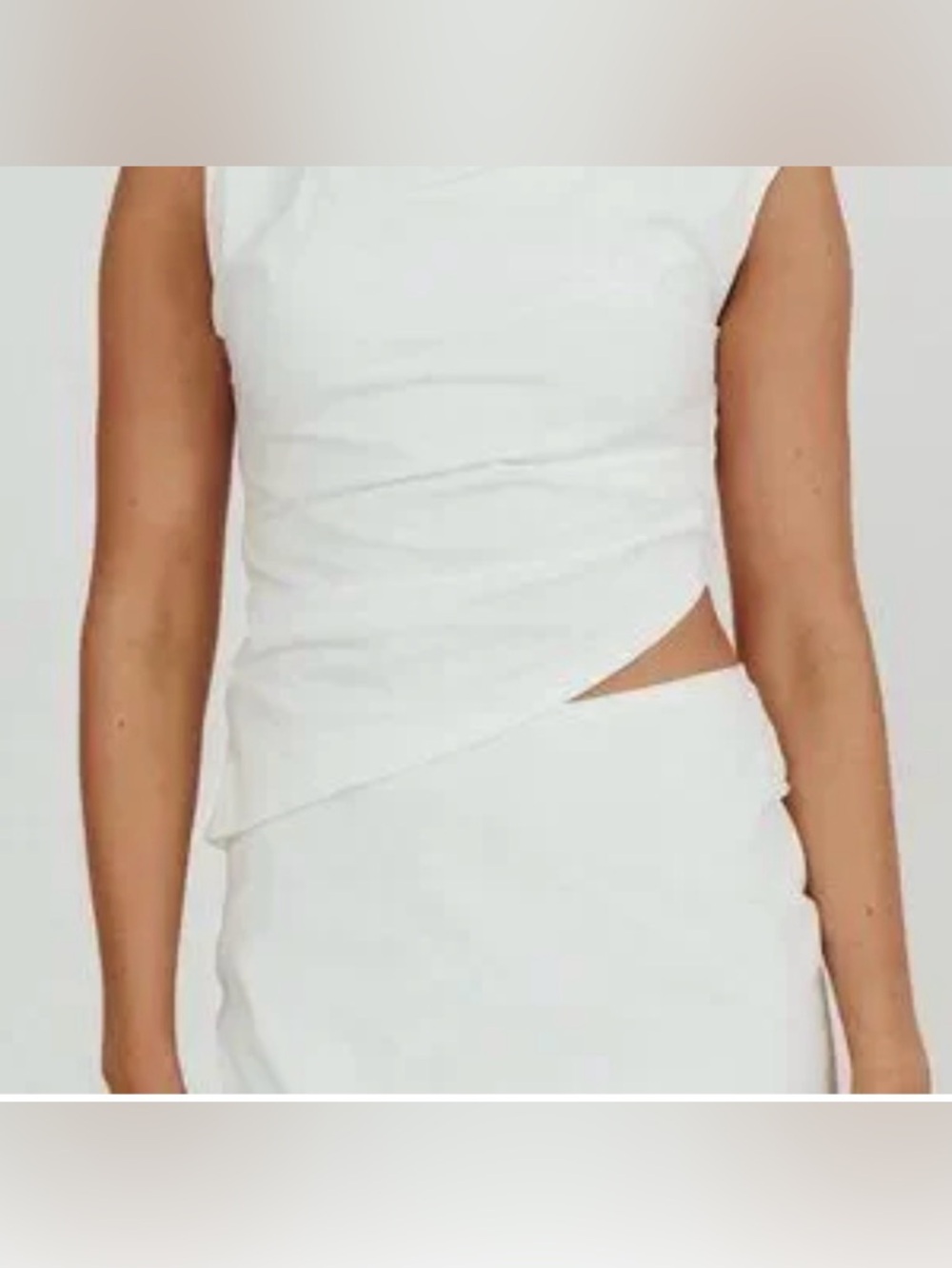 Elegant White Draped Maxi Dress of shoulders Ruched Design large open waist  nwt